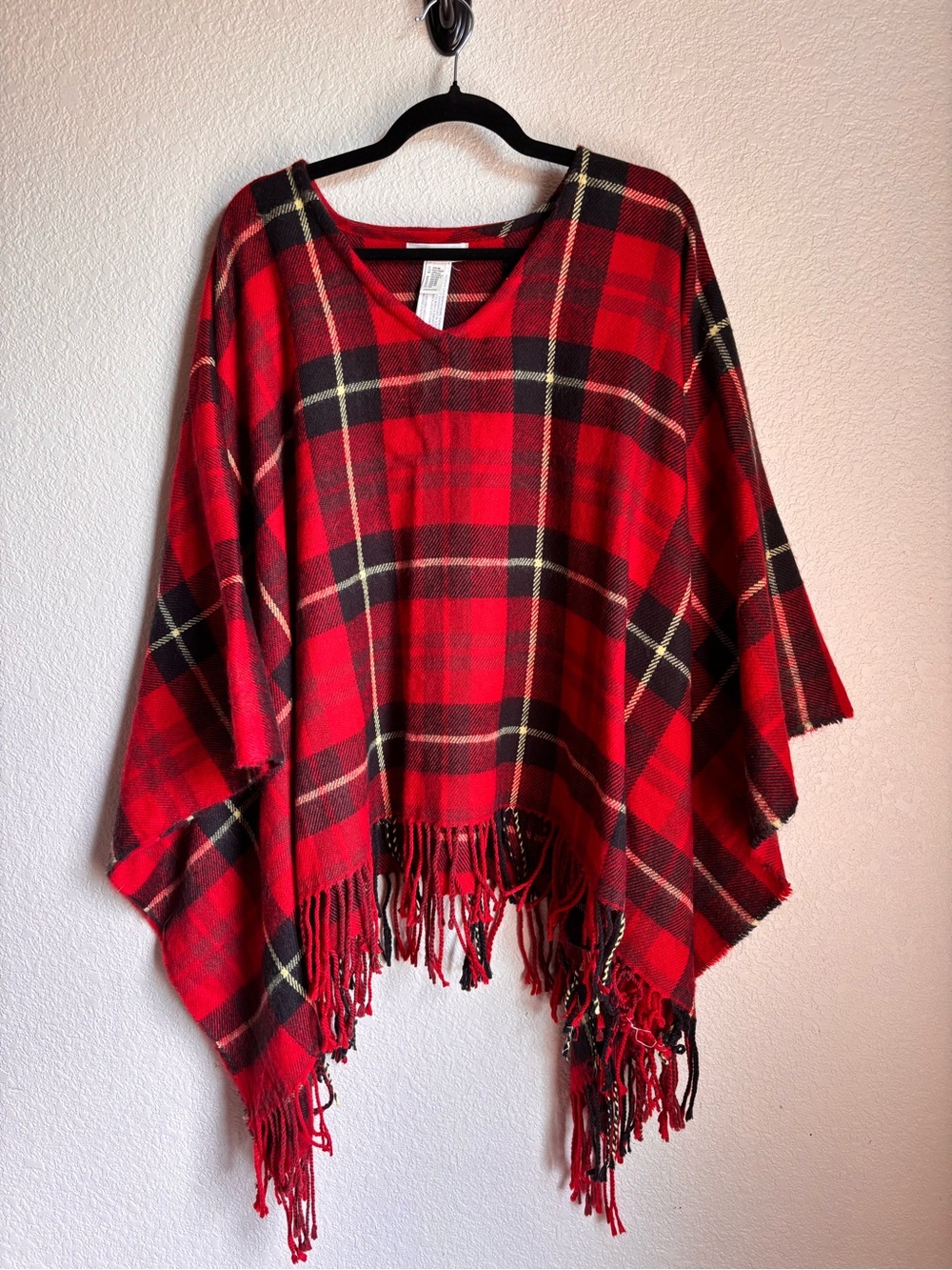 Red Plaid Fringe Fall Cozy V Neck Poncho -